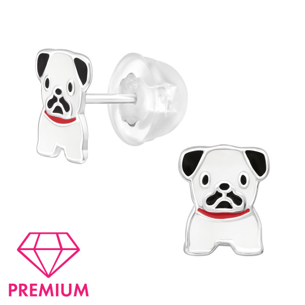 Mopsz kutyás prémium stift 925 ezüst gyerek fülbevaló , epoxy, fekete, fehér, piros