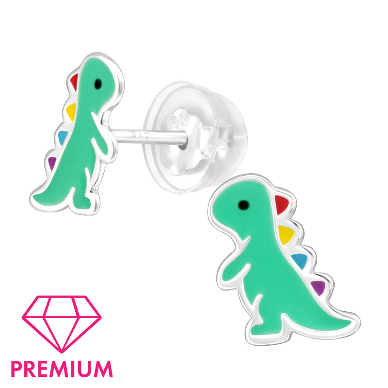 T-rex dínós prémium stift 925 ezüst gyerek fülbevaló , epoxy, dk.blue, zöld, sárga, piros, lila