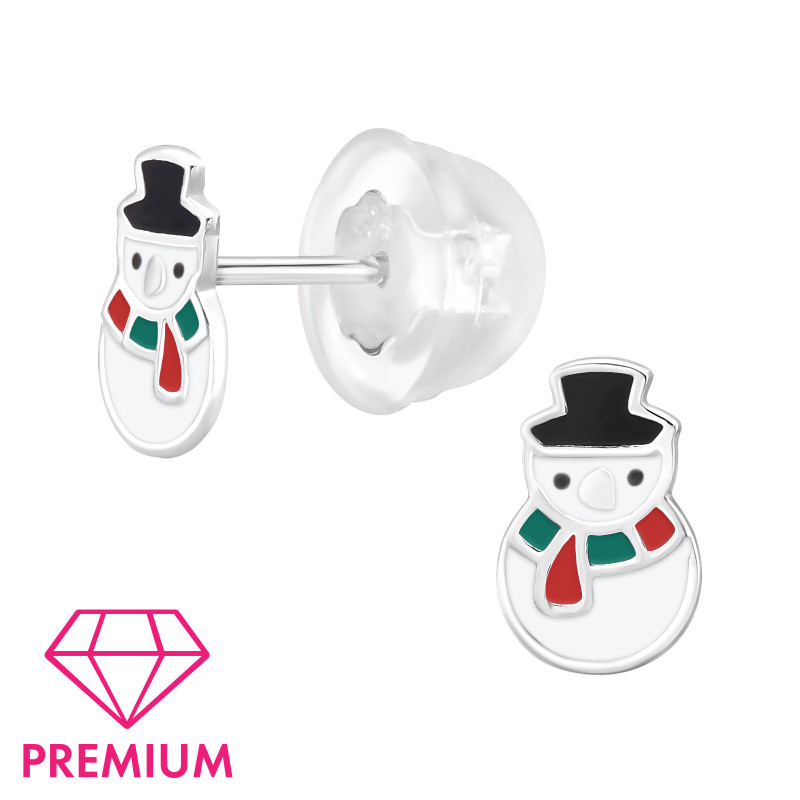 Prémium Hóember gyermek bedugós fülbevaló 925 ezüst - 1 pár, epoxy, fekete, fehér, piros, sötétzöld