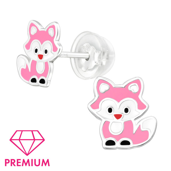 Prémium Pink Róka gyermek bedugós fülbevaló 925 ezüst - 1 pár, epoxy, fekete, lt., fehér, piros