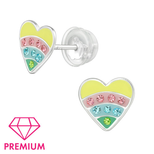 Szív ezüst gyermek fülbevaló, prémium minőség, 1 pár, epoxy, halványsárga, fekete, világos rózsaszín, zöld, világoskék, kristály köves