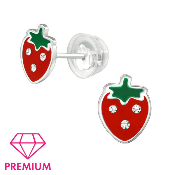 Eper ovis jeles ezüst gyermek fülbevaló, prémium minőség, 1 pár, epoxy, zöld, piros, kristály köves