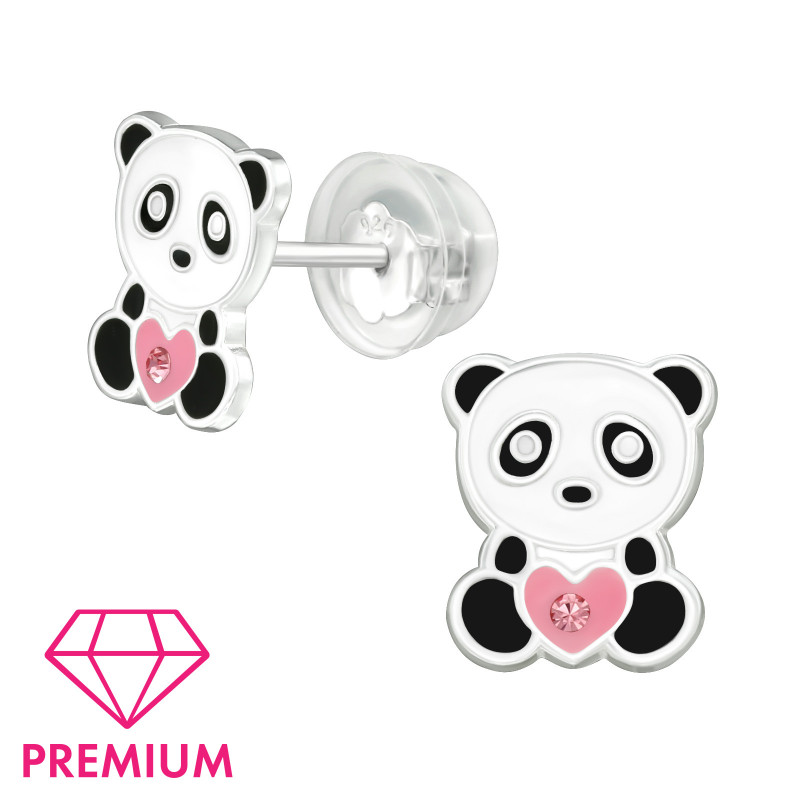 Pandamackó szívvel ezüst gyermek fülbevaló, prémium minőség, 1 pár, epoxy, fekete, fehér, világos rózsaszín, kristály köves Pandamackó szívvel ezüst gyermek fülbevaló, prémium minőség, 1 pár, epoxy, fekete, fehér, világos rózsaszín, kristály köves