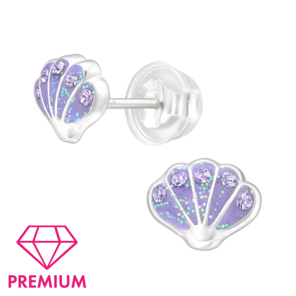 Kagyló, lila színben ezüst gyermek prémium bedugós fülbevaló , epoxy, purple glitter, kristály köves
