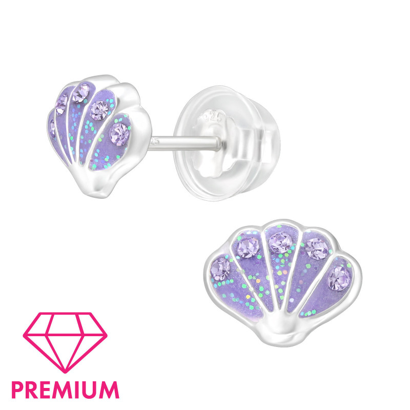 Kagyló, lila színben ezüst gyermek prémium bedugós fülbevaló , epoxy, purple glitter, kristály köves Kagyló, lila színben ezüst gyermek prémium bedugós fülbevaló , epoxy, purple glitter, kristály köves