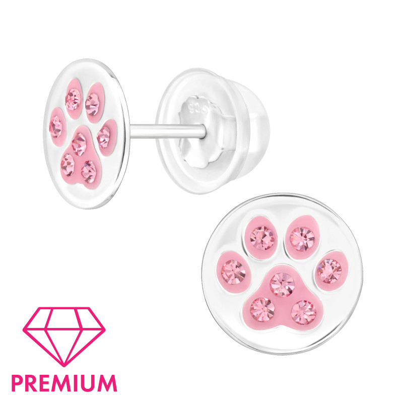 Pink kutya mancs prémium stift 925 ezüst gyerek fülbevaló , epoxy, rózsaszín, kristály köves