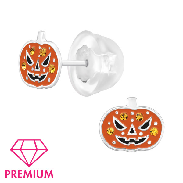 Tök Halloweeni kristályos stift ezüst prémium gyermekfülbevaló, 1 pár , epoxy, fekete, narancs