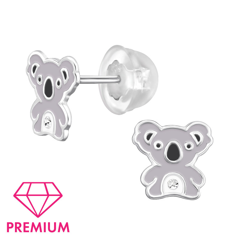 Koala prémium gyermek bedugós fülbevaló 925 ezüst - 1 pár, epoxy, fekete, világos szürke, , kristály köves