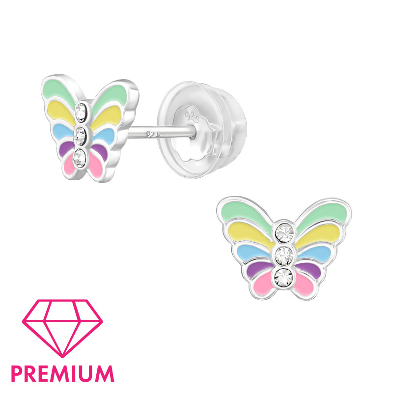 Prémium Színes Lepke gyermek bedugós fülbevaló 925 ezüst - 1 pár, epoxy, lt.pink, kék, sárga, lila, világos zöld, kristály köves Prémium Színes Lepke gyermek bedugós fülbevaló 925 ezüst - 1 pár, epoxy, lt.pink, kék, sárga, lila, világos zöld, kristály köves