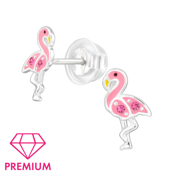 Prémium Flamingós Pink gyermek bedugós fülbevaló 925 ezüst - 1 pár, epoxy, rózsaszín, kristály köves