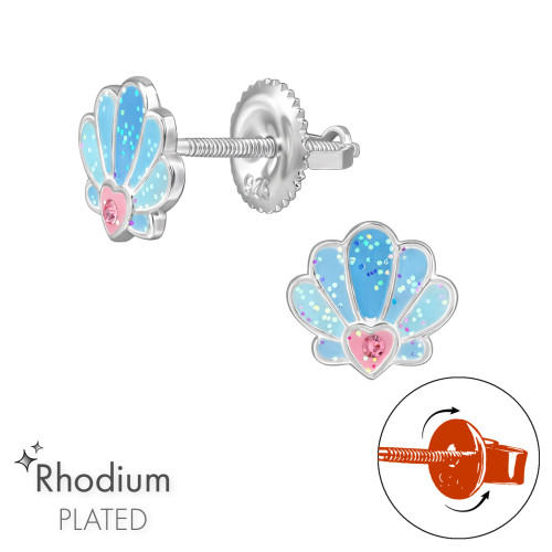 Kék kagyló gyerek csavaros fülbevaló 925 ezüst - 1 pár, epoxy, rózsaszín, világoskék csillogás, csillogás, kristály köves