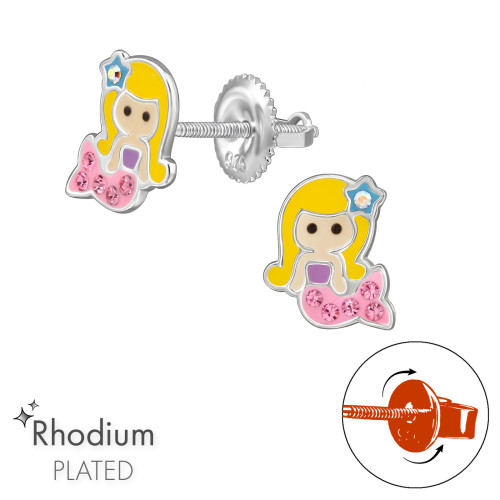 Hableány gyerek csavaros fülbevaló 925 ezüst - 1 pár, epoxy, fekete, sárga, lila, kristály köves