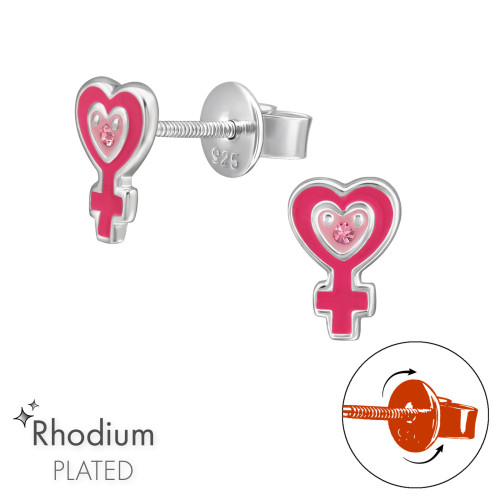 Női jelkép gyerek csavaros fülbevaló 925 ezüst - 1 pár, epoxy, rózsaszín, kristály köves