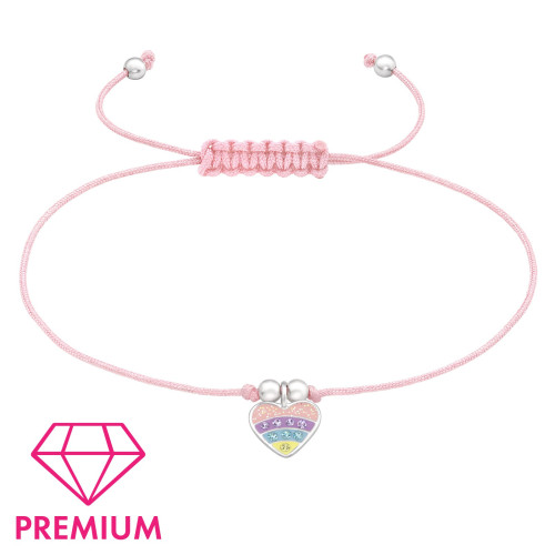 Színes szíves rózsaszín állítható zsinóros prémium 925 ezüst gyerek karkötő , epoxy, sárga, világos lila, világos csillogás, világoskék, kristály köves