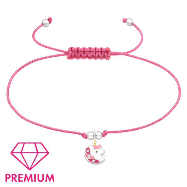Pink unikornis fejes állítható zsinóros prémium 925 ezüst gyerek karkötő , epoxy, fehér, rózsaszín, sötét , sárga, fekete, kristály köves