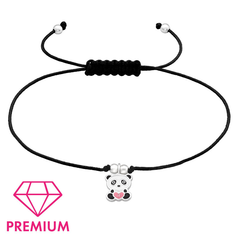 Pandamackós fekete állítható zsinóros prémium 925 ezüst gyerek karkötő , epoxy, fehér, rózsaszín, , kristály köves Pandamackós fekete állítható zsinóros prémium 925 ezüst gyerek karkötő , epoxy, fehér, rózsaszín, , kristály köves
