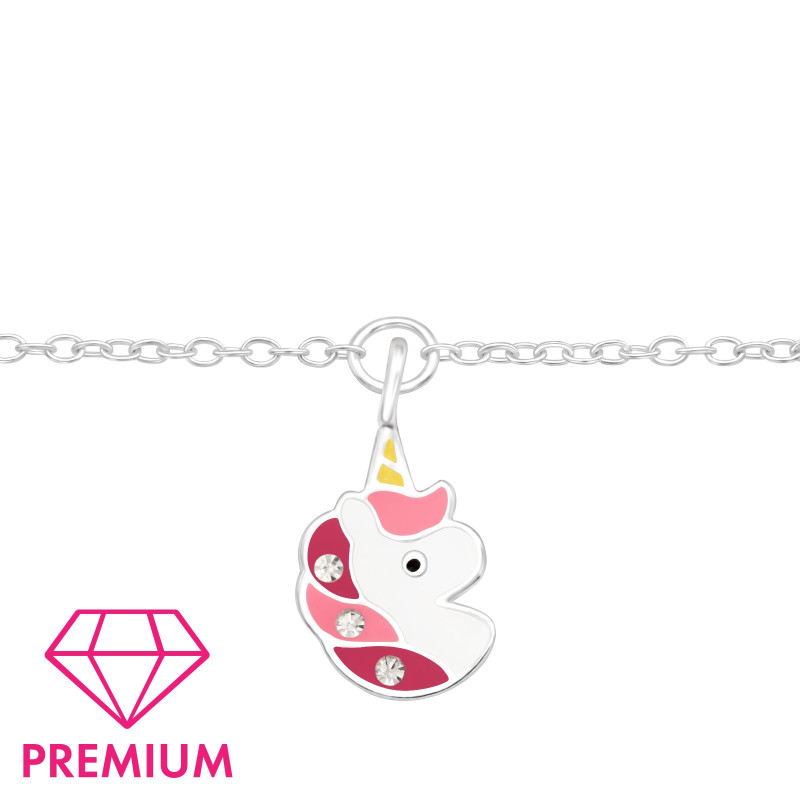 Egyszarvú fejes, kristályos, pink prémium 925 ezüst gyerek karkötő , epoxy, sárga, fekete, fehér, rózsaszín, sötét