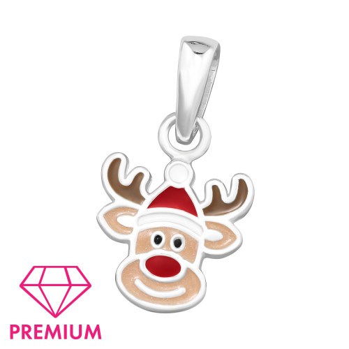 Rénszarvas fej prémium 925 ezüst gyerek medál , epoxy, barna, fehér, piros, világos 