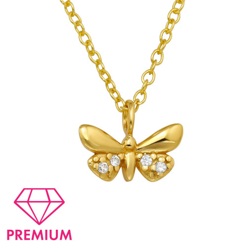 Lepkés ezüst gyermek nyaklánc medállal, 24k arany bevonat, cirkónia köves