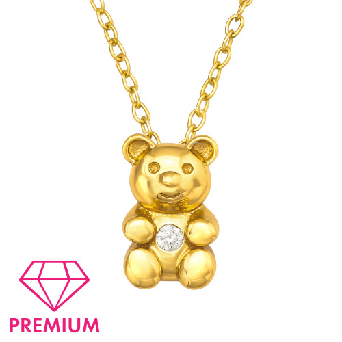 Medve ezüst gyermek nyaklánc medállal, 24k arany bevonat, cirkónia köves