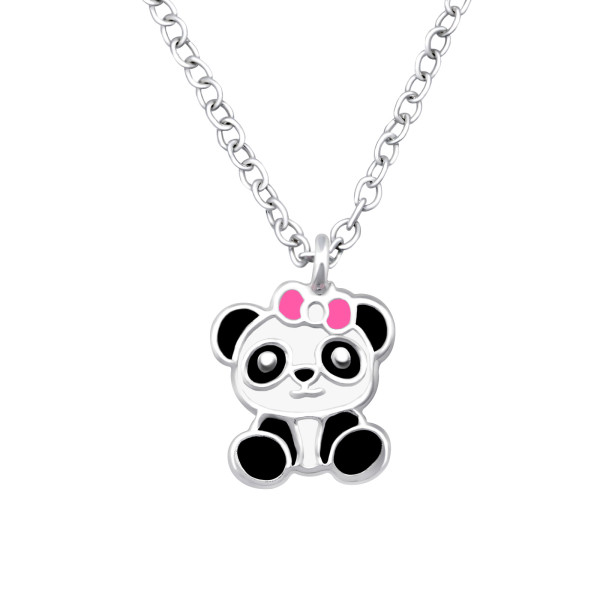 Pandamaci ezüst gyermek nyaklánc medállal, epoxy, fekete, fehér, rózsaszín