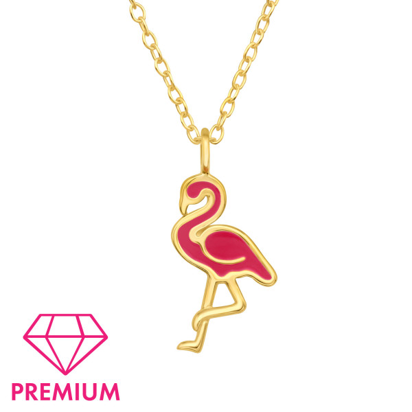 Flamingó ezüst gyermek nyaklánc medállal, epoxy, 24k arany bevonat