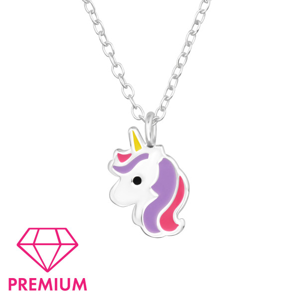Egyszarvú lila, pink prémium 925 ezüst gyerek nyaklánc , epoxy, sötét rózsaszín, sárga,