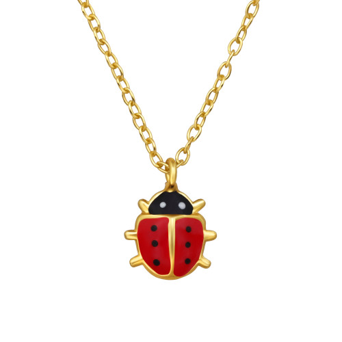 Katicabogaras aranyozott gyermek nyaklánc 925 ezüst, epoxy, 24k arany bevonat, fekete, fehér, piros