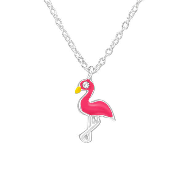 Flamingó ezüst gyermek nyaklánc medállal, epoxy, rózsaszín, sárga, kristály köves