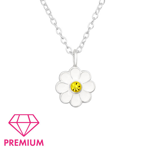 Margaréta ezüst gyermek nyaklánc medállal, epoxy, fehér, kristály köves