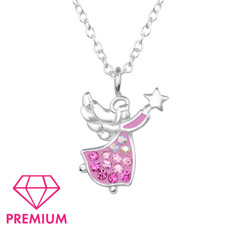 Angyal pink, csillaggal prémium 925 ezüst gyerek nyaklánc , kristály köves