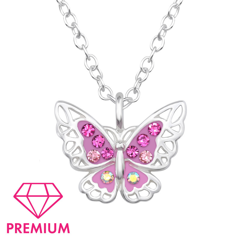 Pillangó, pink, kristályos prémium 925 ezüst gyerek nyaklánc Pillangó, pink, kristályos prémium 925 ezüst gyerek nyaklánc