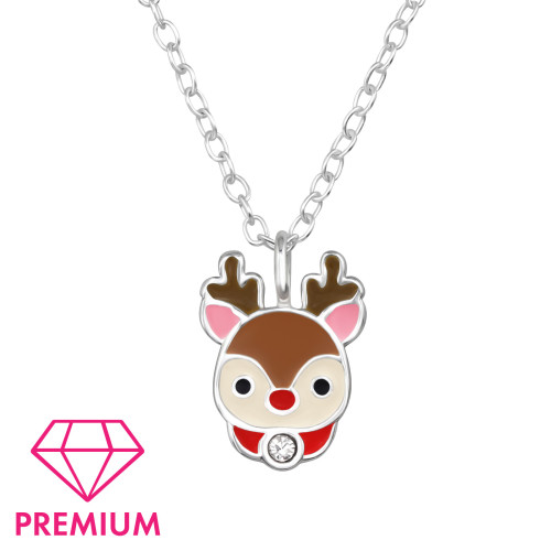 Rénszarvas prémium gyermek nyaklánc 925 ezüst, epoxy, fekete, piros, világos rózsaszín, barna, kristály köves