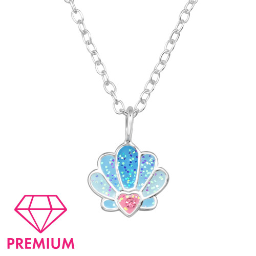Kagyló prémium gyermek nyaklánc 925 ezüst, epoxy, rózsaszín, világoskék csillogás, kék , kristály köves