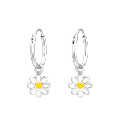 Margaréta virágos gyermek ezüst karika fülbevaló, 1 pár, epoxy, fehér, sárga