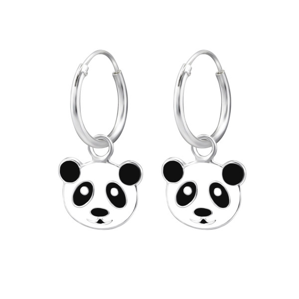 Pandamackós ezüst gyerek karika fülbevaló , epoxy, fekete, fehér