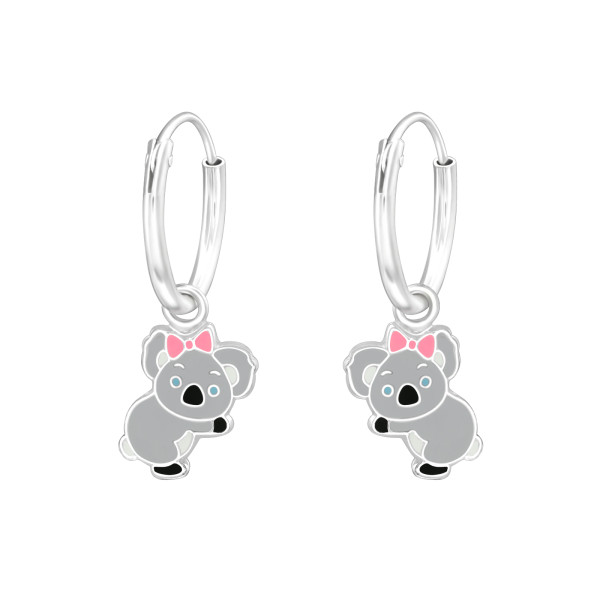Koala gyermek ezüst karika fülbevaló, 1 pár, epoxy, fekete, világos szürke, világoskék,