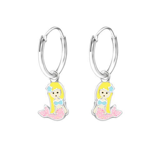 Csillámos hableány gyermek ezüst karika fülbevaló, 1 pár, epoxy, sárga, fekete, világos rózsaszín csillogás, világoskék, krém