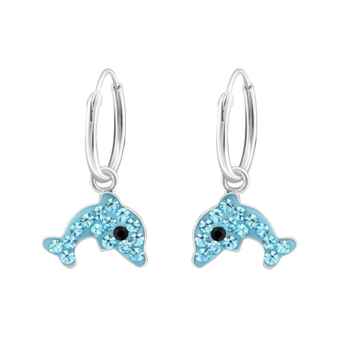 Delfin, kék, kristály gyermek ezüst karika fülbevaló, 1 pár