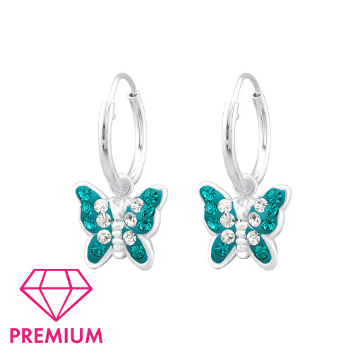 Türkizkék pillangós gyermek ezüst karika fülbevaló, 1 pár, kristály köves