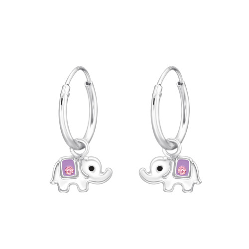 Elefánt gyermek ezüst karika fülbevaló, 1 pár, epoxy, fekete, világos lila, kristály köves