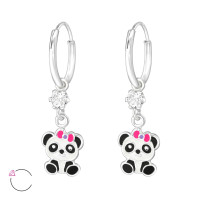 Panda tfülbevaló gyermek ezüst karika fülbevaló, 1 pár, epoxy, fekete, fehér, rózsaszín, kristály köves