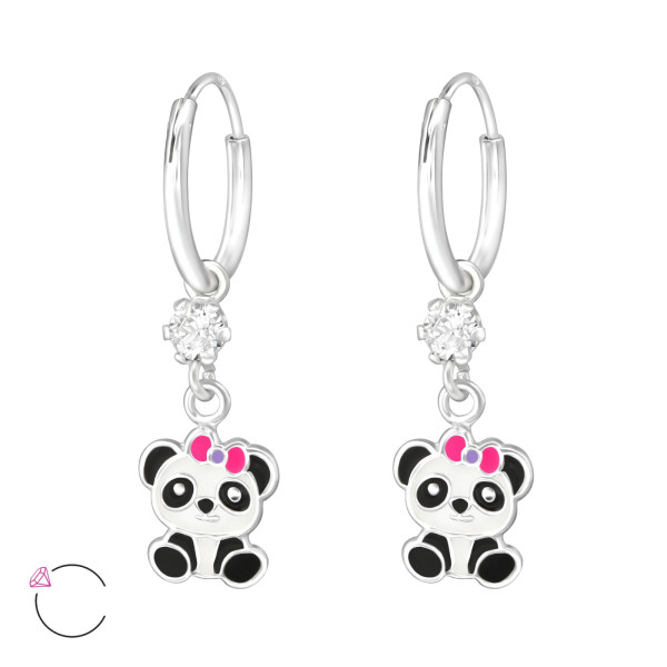 Panda tfülbevaló gyermek ezüst karika fülbevaló, 1 pár, epoxy, fekete, fehér, rózsaszín, kristály köves
