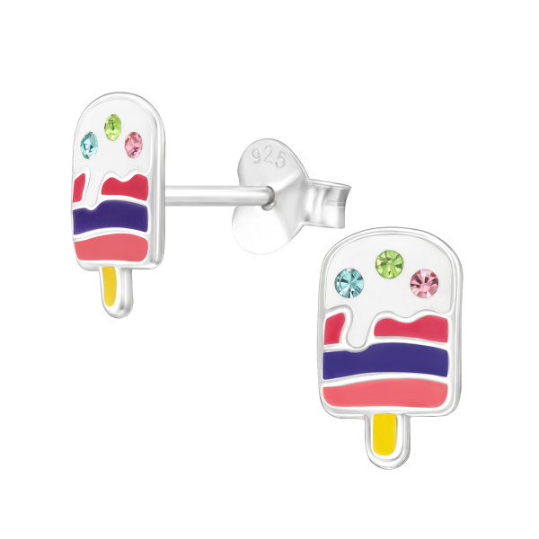 Jégkrém gyerek színes stift fülbevaló 925 ezüst , epoxy, rózsaszín, sárga, narancs, fehér, ibolya, kristály köves