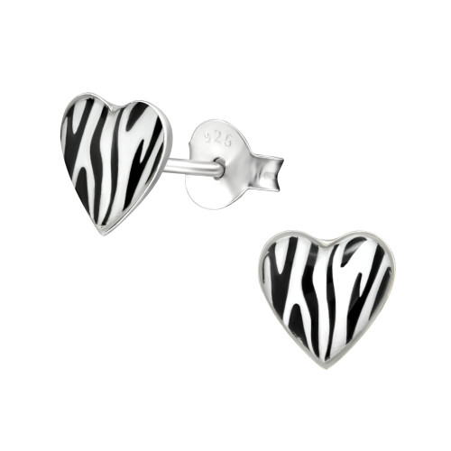 Szív zebra színes stift gyermek fülbevaló, 925 ezüst, 1 pár