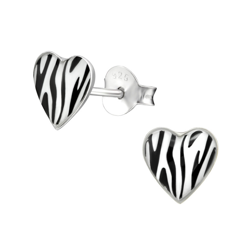Szív zebra színes stift gyermek fülbevaló, 925 ezüst, 1 pár