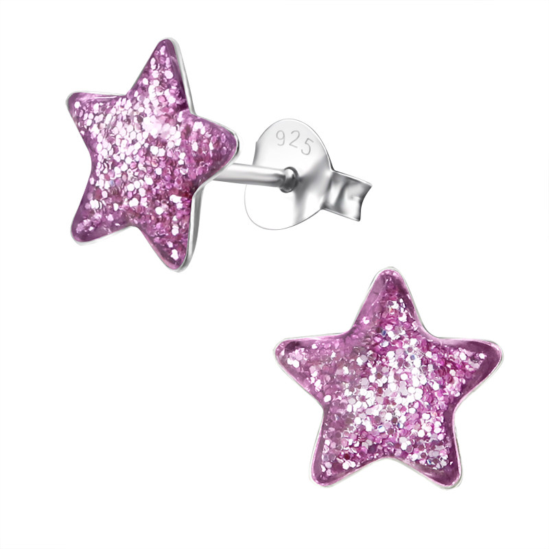 Glitteres csillagos színes stift gyermek fülbevaló, 925 ezüst, 1 pár