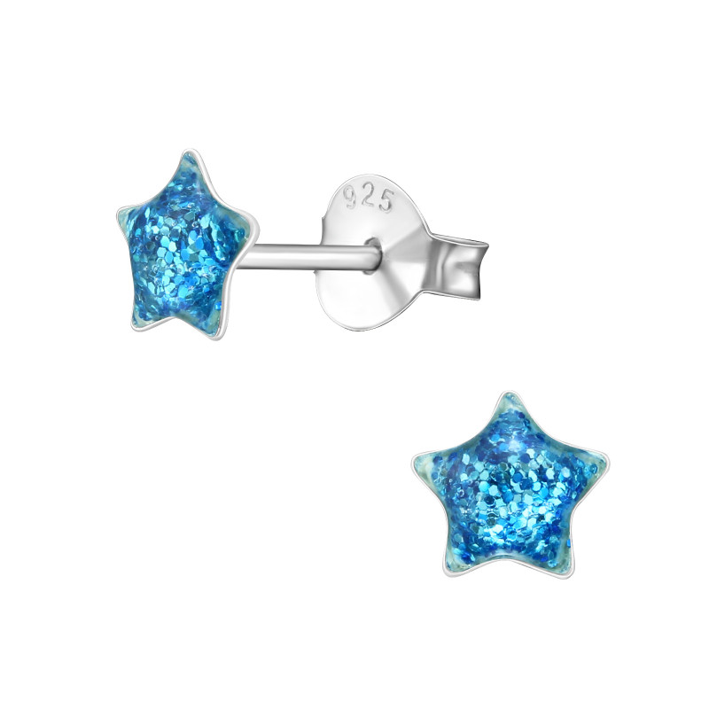Glitteres csillag színes stift gyermek fülbevaló, 925 ezüst, 1 pár
