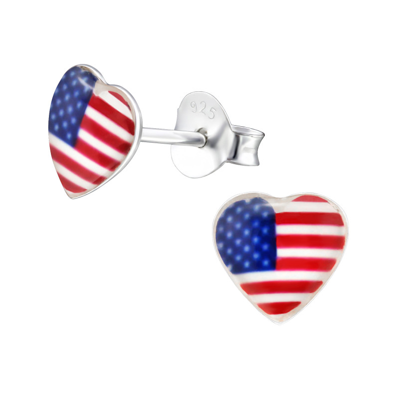 Amerikai zászlós szív színes stift gyermek fülbevaló, 925 ezüst, 1 pár