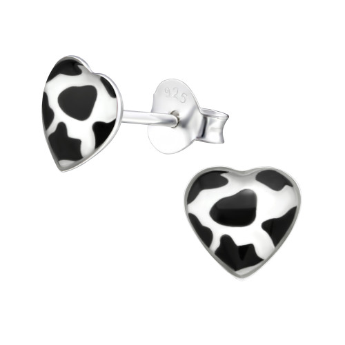 Tehén foltos szív színes stift gyermek fülbevaló, 925 ezüst, 1 pár